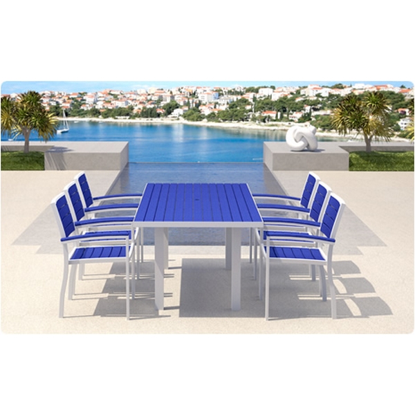 Picture of Polywood Euro Style Polywood Dining Set Recycled Plastic Polywood Slats with Aluminum Frame, Includes 6 Euro Dining Chairs and 1 Rectangular Dining Table
