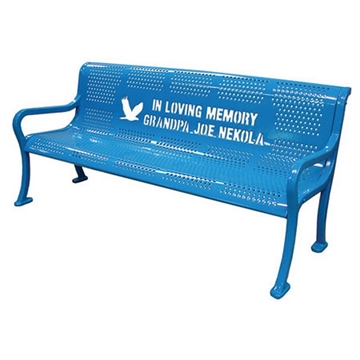 8 Ft. School Logo Memorial Benches are custom Logo Roll Formed Contour Bench Plastic Coated Perforated Metal