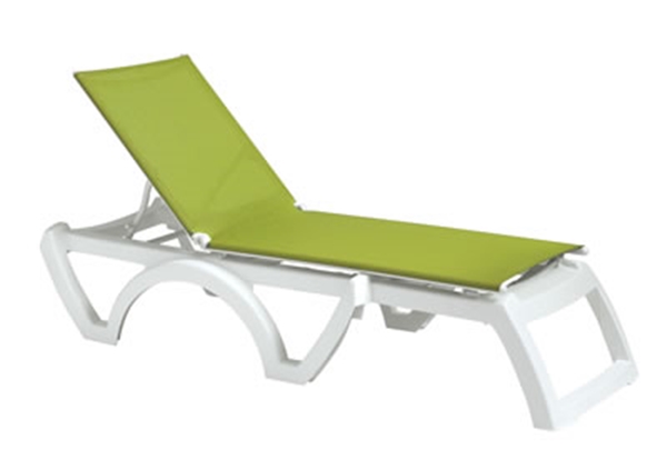 Picture of The Calypso Plastic Resin Sling Chaise Lounge with a White Frame Sling Fabric. Commercial Sling Pool Furniture. 