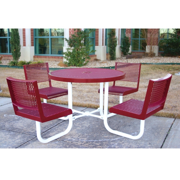 Picture of Round Thermoplastic Picnic table 42". Attached Round Seats with Backs Plastic Coated Expanded Metal with Welded 2". Galvanized Steel, Commercial
