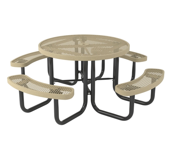 Picture of 46" Round Expanded Metal Thermoplastic Picnic Table with Attached Concave Seats, Portable