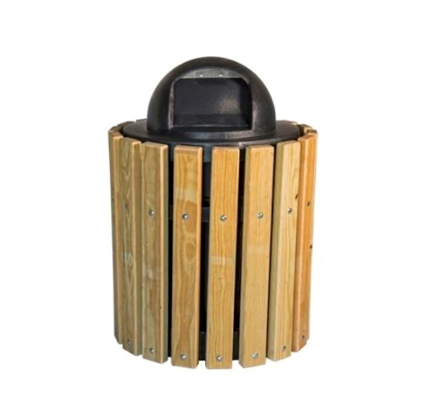 Trash Receptacle 32 Gallon Southern Yellow Pine with Dome Lid, In-Ground Mounting