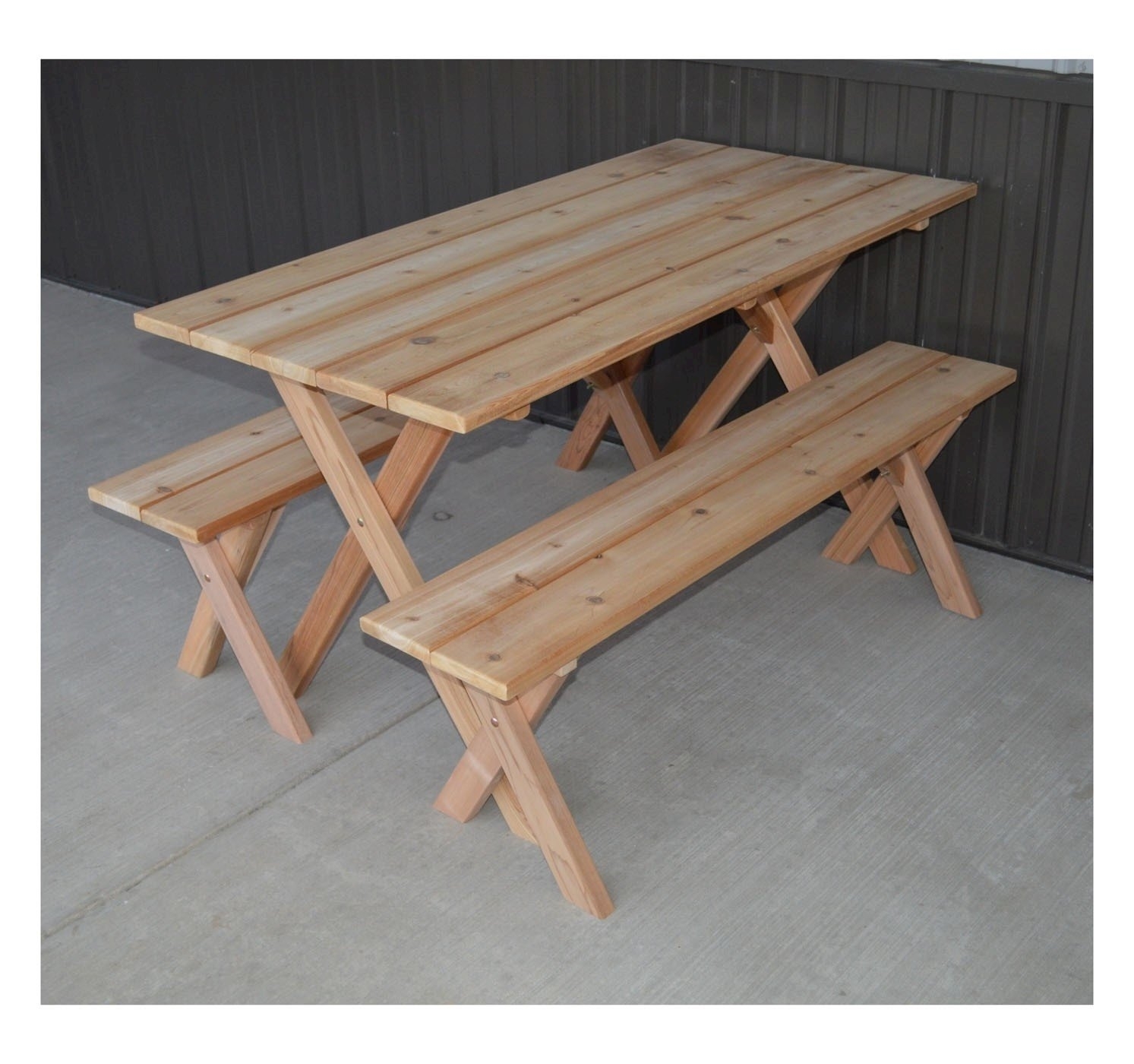 Wooden picnic table with detached benches