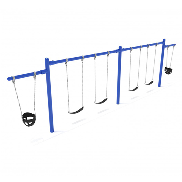 7/8 Foot High Elite Commercial Swing Set With 4 Belt Swings And 2 Bucket Seat - 2 Bay, 2 Cantilever Frame - Quick Ship - Pacific Blue