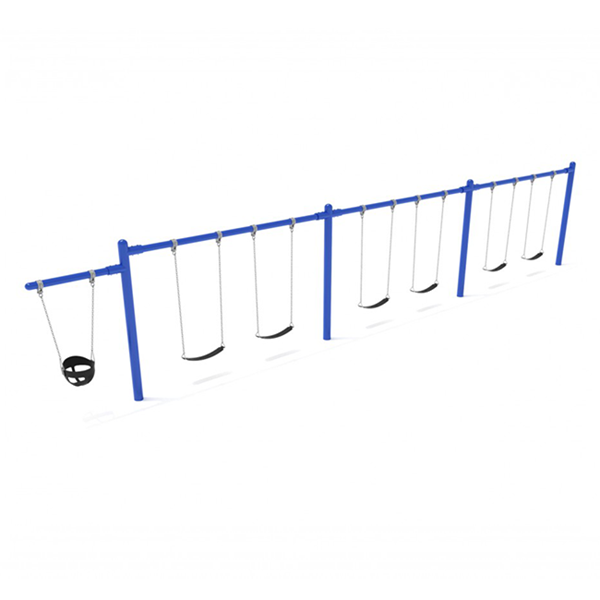 7/8 Foot High Elite Commercial Swing Set with 6 Belt Swings and 1 Bucket Seat - 3 Bay, 1 Cantilever Frame - Quick Ship - Pacific Blue