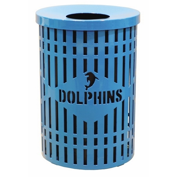Logo 32 Gallon Plastic Coated Steel Round Diamond Pattern Trash Receptacle