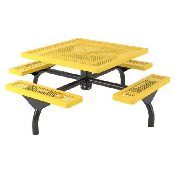 Square Picnic Table 46 Inch Attached Seats Plastic Coated Rolled Expanded Metal