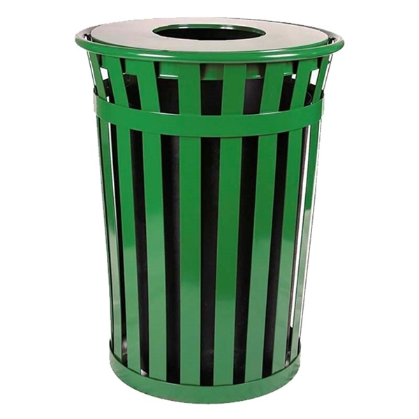 Oakley Standard Trash Receptacle Round 36 Gallon Powder Coated Steel With Flat Top, Portable