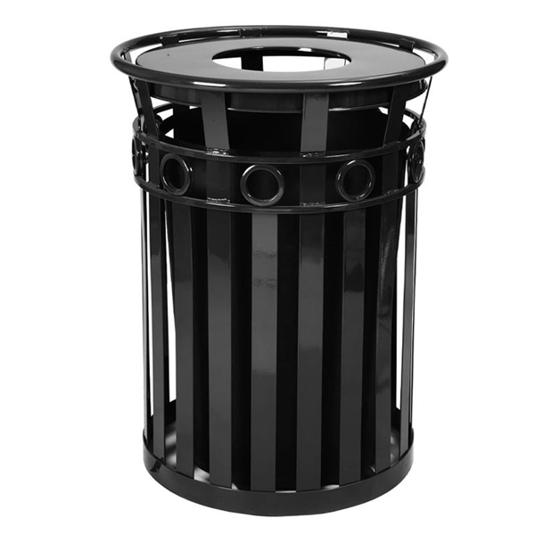 Decorative Trash Receptacle Round 36 Gallon Powder Coated Steel With Flat Top, Portable