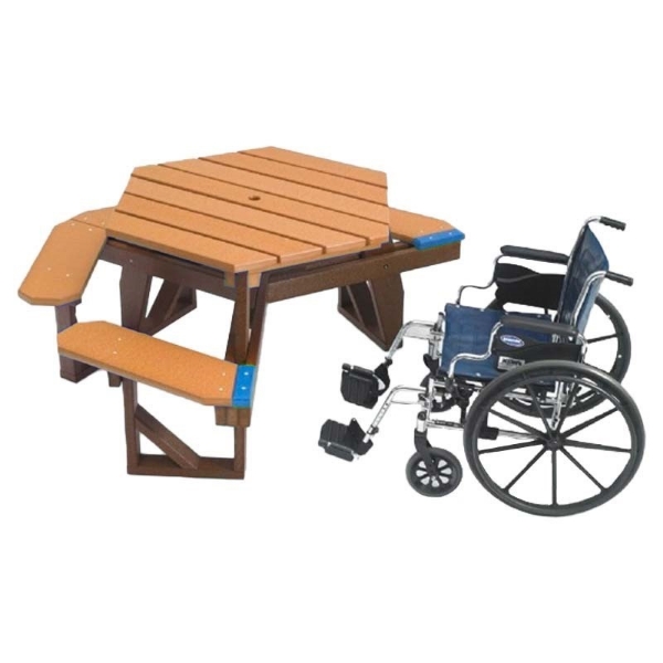 Cedar / Brown - Hexagonal ADA Recycled Plastic Picnic Table with Attached Benches