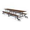 12 foot mobile school cafeteria table with attached folding benches, Montana walnut laminate surface, and commercial black steel frame