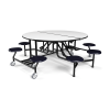 60 inch round mobile lunchroom table with Grey Glace laminate surface, 8 navy stool seats, and commercial rolling steel base