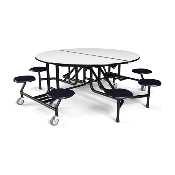 60 inch round mobile lunchroom table with Grey Glace laminate surface, 8 navy stool seats, and commercial rolling steel base