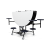 60 inch round folding lunchroom table with Grey Glace laminate top, 8 navy stools, and heavy-duty mobile black frame in storage position