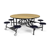 60 inch round mobile lunchroom table with Fusion maple laminate surface, 8 navy stools, and heavy-duty rolling black steel frame