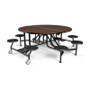 60 inch round mobile cafeteria table with Montana walnut top, 8 black stool seats, and durable powder-coated black steel base