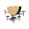 60 inch round folding lunchroom table with Fusion maple laminate top, 8 navy stool seats, and mobile black steel frame in folded storage position