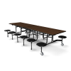 12 foot school folding cafeteria table with Montana Walnut laminate surface, 12 black stool seats, and powder-coated mobile steel frame
