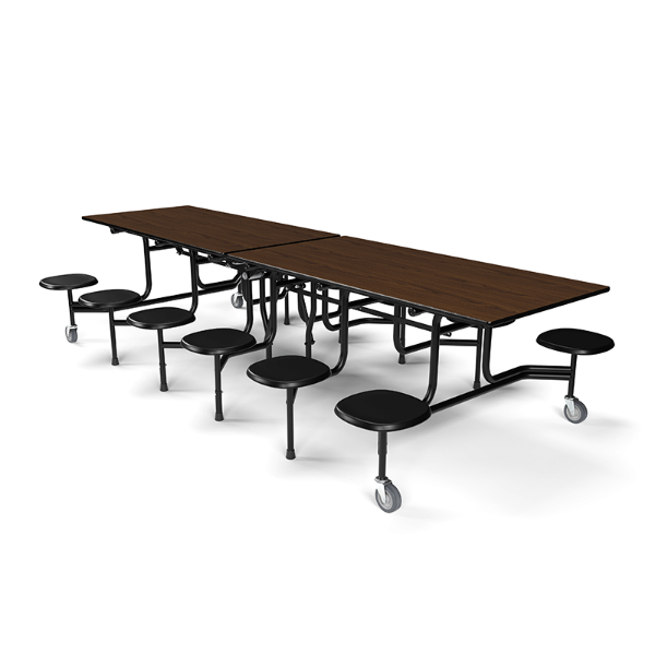 12 foot school folding cafeteria table with Montana Walnut laminate surface, 12 black stool seats, and powder-coated mobile steel frame