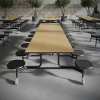 12 foot folding cafeteria tables with 12 stool seats installed in a modern school lunchroom with mobile seating layout