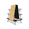 12 foot folding cafeteria table in Fusion Maple finish stored upright on locking casters with integrated 12-stool seating frame