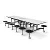 12 foot folding cafeteria table with Grey Glace laminate top, 12 black stool seats, and industrial mobile steel base for school dining areas