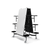 12 foot school cafeteria table folded vertically with Grey Glace laminate panels and 12-seat mobile steel frame on rolling casters