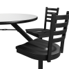 Close-up of Covey 36 inch round indoor Cluster Table showing Grey Glace HPL top edge, black powder-coated steel frame, and black wood seat construction
