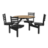 36 inch round Covey indoor HPL Cluster Table with Fusion Maple laminate top, black steel frame, and four black wood seats for commercial dining