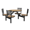 36 inch round Covey indoor HPL Cluster Table with Fusion Maple laminate top, black steel frame, and four natural wood seats for commercial dining