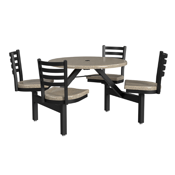 36 inch round Covey outdoor fiberglass Cluster Table with cappuccino fiberglass top and seats on powder coated steel frame