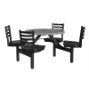 36 inch round Covey outdoor fiberglass Cluster Table with steel gray top and obsidian fiberglass seats on black steel frame