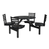 36 inch round Covey outdoor fiberglass Cluster Table with obsidian top and matching fiberglass seats on black steel frame