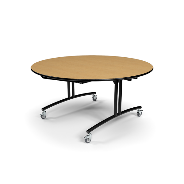 Commercial 60 inch round PHilip mobile folding table with fusion maple top and black powder coated steel base