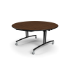 60 inch round PHilip folding lunchroom table with Montana walnut laminate top and black steel mobile frame