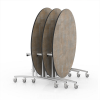60 inch round PHilip folding lunchroom tables nested vertically on mobile cart for compact commercial storage