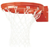 Commercial outdoor basketball hoop with powder-coated steel rim and white, nylon net mounted to a tempered glass backboard system