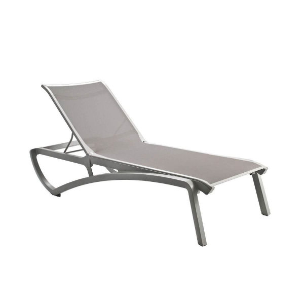 Sunset sling chaise lounge with light gray sling fabric and light resin frame for commercial poolside seating