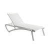 Sunset sling chaise lounge with white sling fabric and white plastic resin frame for pool deck use