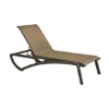Sunset sling chaise lounge with tan sling fabric and brown resin frame for commercial patio and pool areas