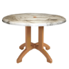 Atlanta 42 inch round molded melamine dining table with marble pattern top and teakwood resin pedestal base designed for commercial patio and hospitality spaces