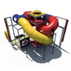 Rear view of indoor playground showing curved tube slide, crawl tunnels, and elevated play deck