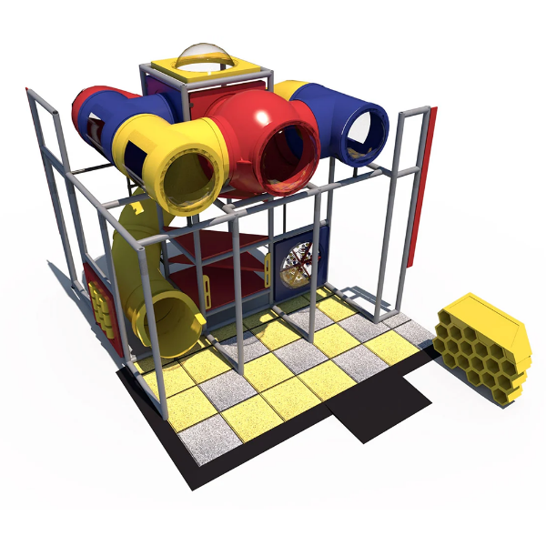 Explorer’s Hub indoor playground front view with multi-level climber, crawl tunnels, and activity panels