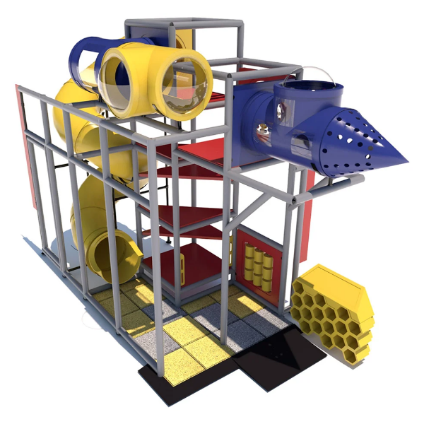 Front view of indoor playground featuring submarine crawl tunnel, climbing levels, and enclosed tube slide