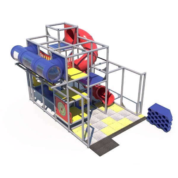 Front view of Spiral Outpost indoor playground with multi-level climber, crawl tunnels, and interactive play panels