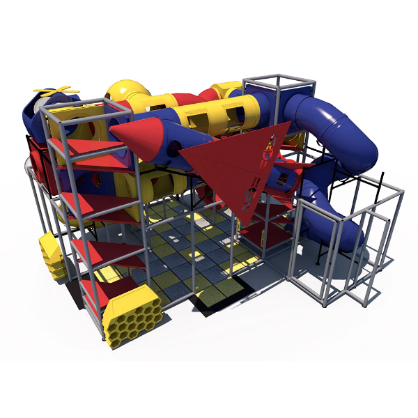 Angled top view of indoor playground showing interconnected crawl tunnels, elevated decks, and enclosed spiral slides