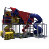 Tunnel Tangle indoor playground front view with multi-level climbing structure, enclosed tube slides, and themed play panels