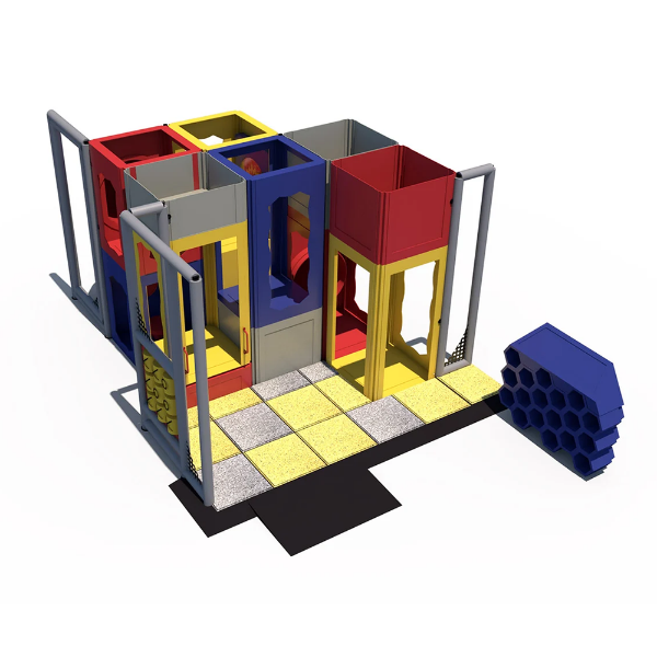 Angled view of Cube Quest indoor playground showing multi-level cube structure and interior crawl tunnels