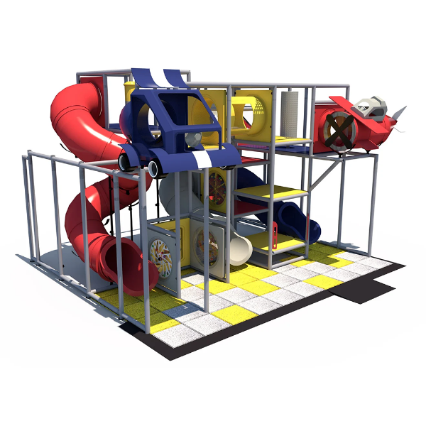 Front view of Motion Matrix indoor playground featuring car and airplane play elements, tube slides, and climbing levels