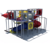 Rear view of indoor playground with multi-level structure, crawl tunnels, enclosed slides, and activity panels
